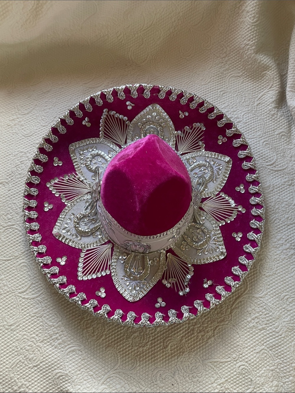 Handmade Mexican Charro Sombrero Pink Velvet Silver Embroidery Youth Quinceañera